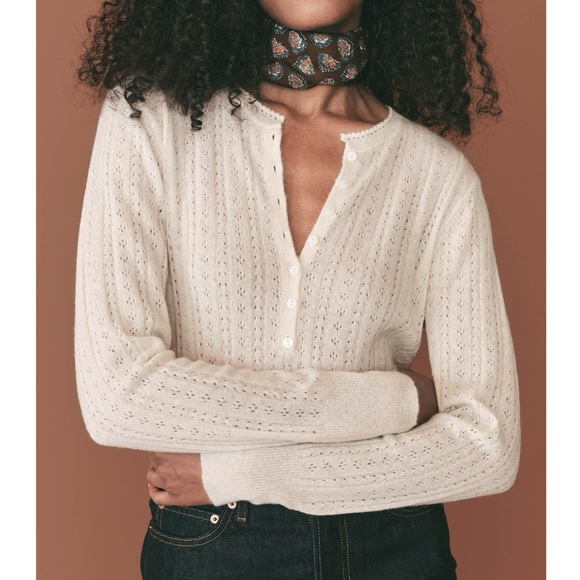 Doen Size S Ivory Josine Pointelle Henley Merino Wool Cashmere Silk Sweater